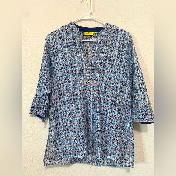 Roberta Roller Rabbit 100% Cotton Tunic Top Blue Red Orange V-neck Extra Small - Picture 1 of 11